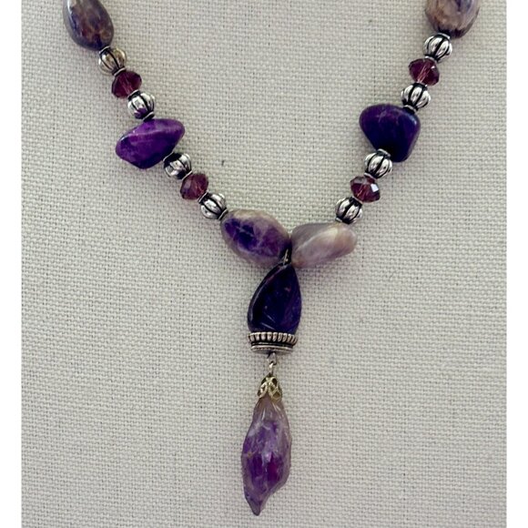 Amethyst & Purple Stone Beaded Necklace With Silver Accents Dangling Pendant & A - Picture 2 of 8